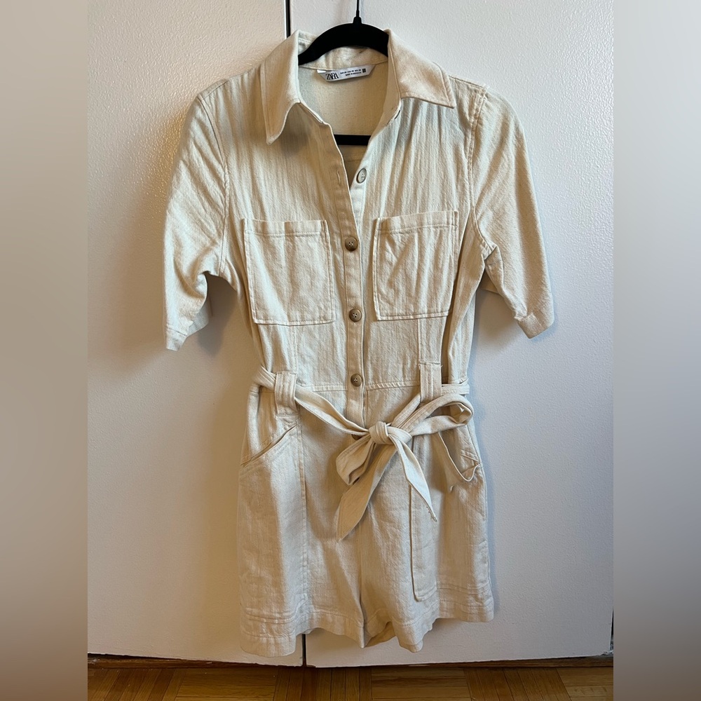 ZARA Tan Jumpsuit with Tie Belt size XS